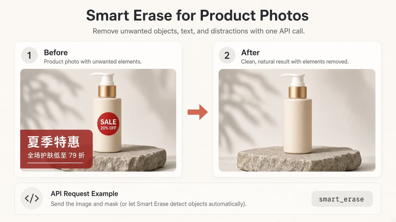 Smart erase example: product photo with promo sticker and text, then cleaned result