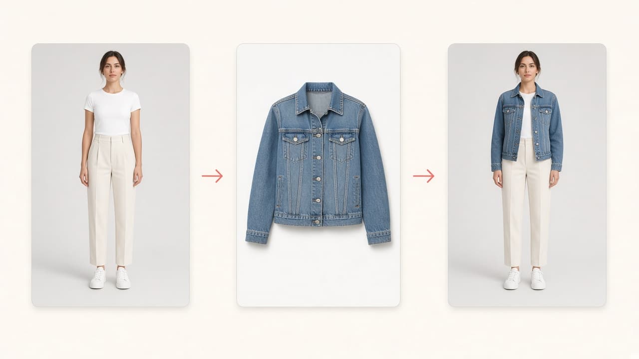 Virtual try-on example: model photo, garment photo, and composited on-model result